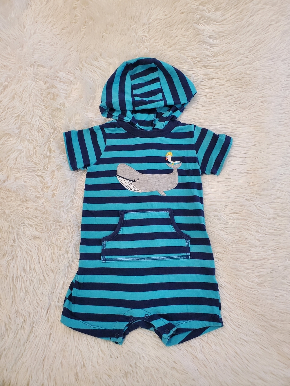 Carter's Teal and Navy Striped Hooded Romper 24 Months